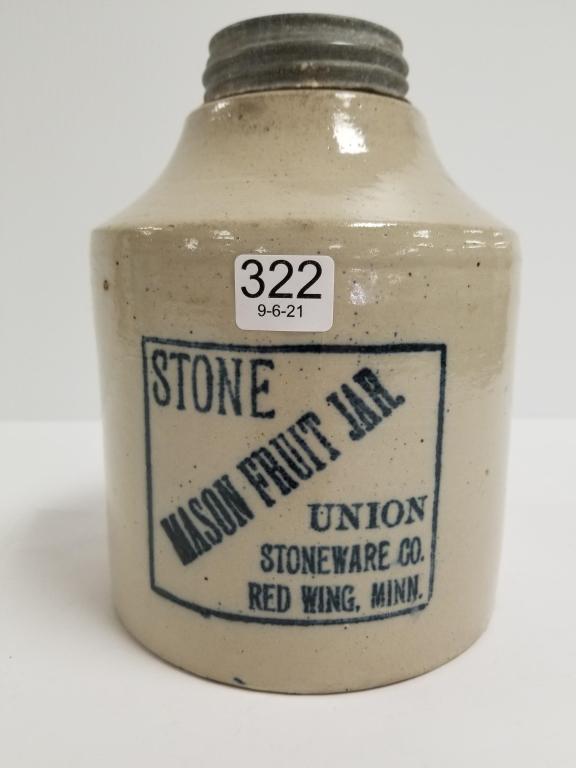 Red Wing Union Stoneware mason fruit jar with cover -: Red Wing Union Stoneware mason fruit jar with cover - 8" high x 6" diameter - (as seen - base chip)