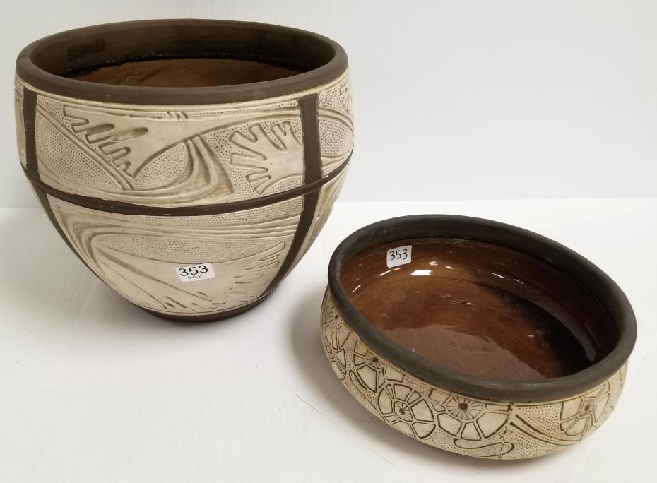 2 Weller Claywood pottery pieces - jardiniere 8 3/4": 2 Weller Claywood pottery pieces - jardiniere 8 3/4" high x 11" diameter & low bowl 3" high x 9" diameter (minor abrasions to surface)