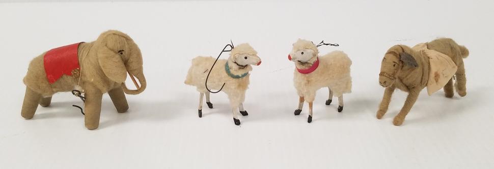 4 old cotton Christmas ornaments - elephant, horse & 2: 4 old cotton Christmas ornaments - elephant, horse & 2 sheep - largest 4"