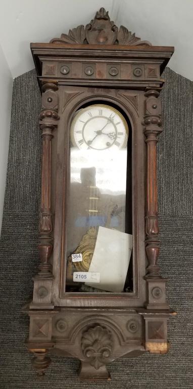 Antique wall clock in walnut case (as is) with pendulum: Antique wall clock in walnut case (as is) with pendulum