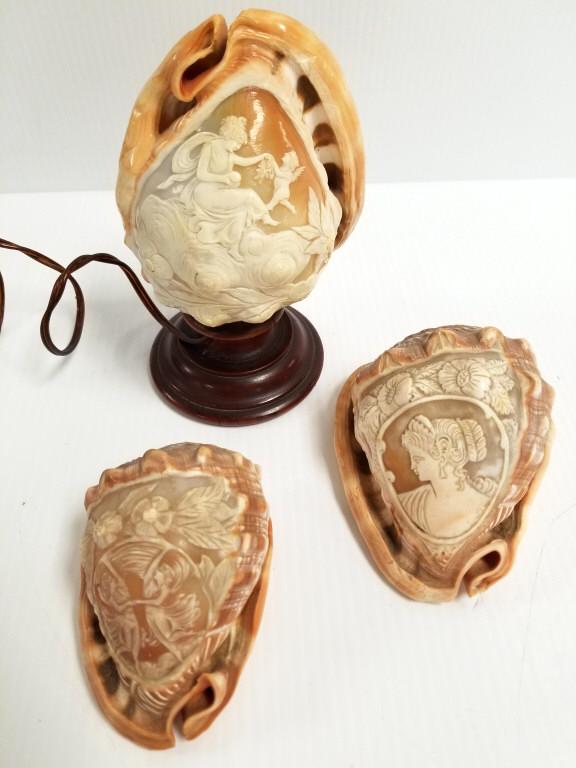 3 carved cameo shells - one mounted as a lamp: 3 carved cameo shells - one mounted as a lamp