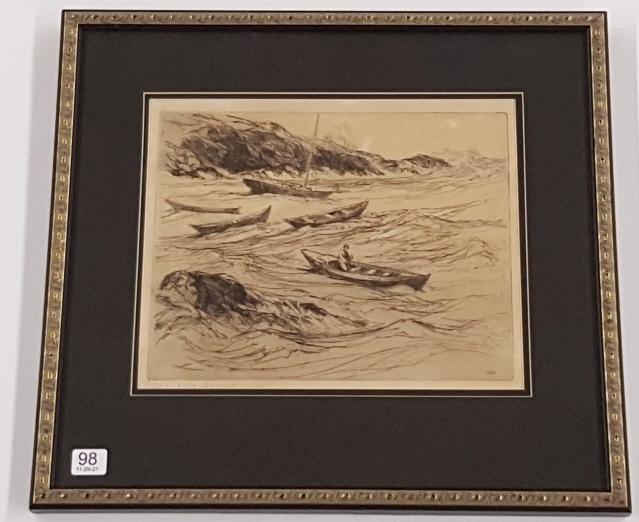 Charles Woodbury framed etching "The Sea Is Breaking" (1 of 13)