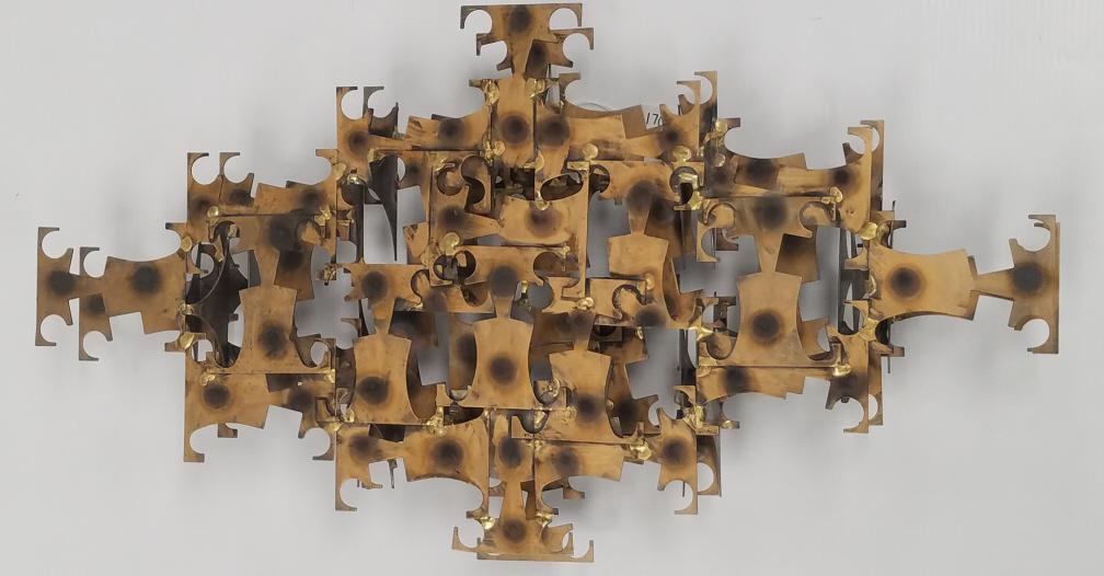 Mark Weinstein for Marc Creates brutalist mid- century: Mark Weinstein for Marc Creates brutalist mid- century metal wall sculpture - approximately 30 1/2" x 16 1/4" x 5" deep