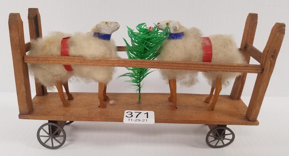 Germany 8" wooden sheep cart with feather tree (1 of 7)