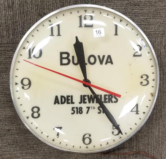 Bulova advertising "Adel Jewelers" light up clock 15": Bulova advertising "Adel Jewelers" light up clock 15" diameter (needs rewired ?)