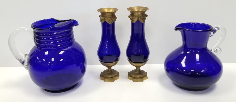 Two matching cobalt blue antique vases with brass trim (1 of 8)