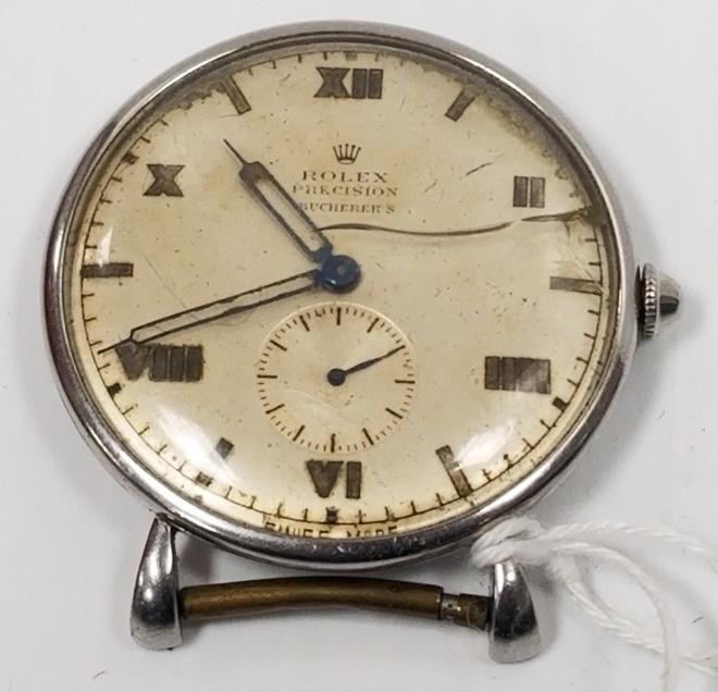 Rolex Precision Bucher's men's watch (as seen/ not: Rolex Precision Bucher's men's watch case measures 33 mm edge to edge of case(as seen: not working, missing lugs, crystal as is, dial has corrosion)