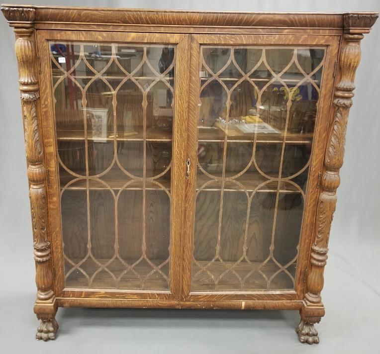 Antique ornately carved oak 2 door bookcase - 52"W x (1 of 14)