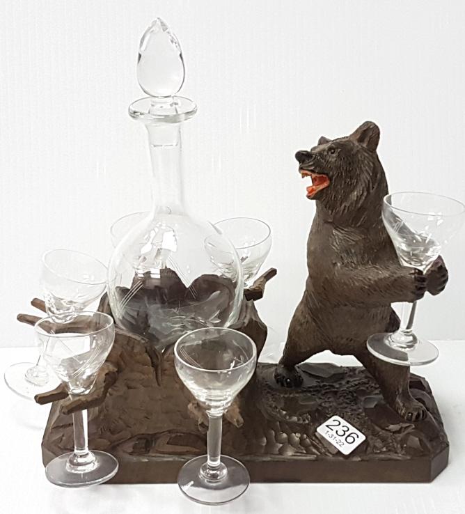 Black Forest carved wood bear motif decanter set 10"W x (1 of 8)