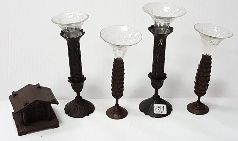 4 Black Forest carved wood bud vases with inserts & an (1 of 14)