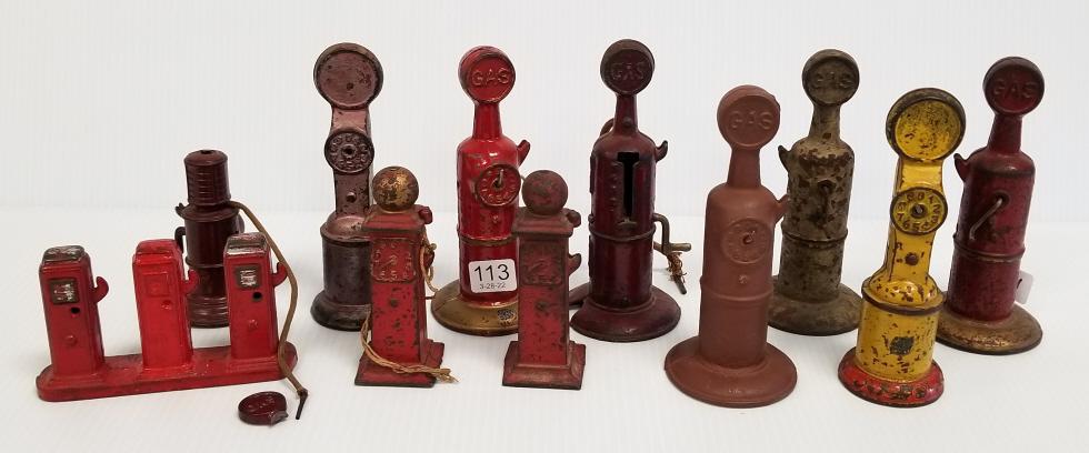 11 antique metal toy gas pumps - Arcade, etc. 6" longest (some as seen) (1 of 6)
