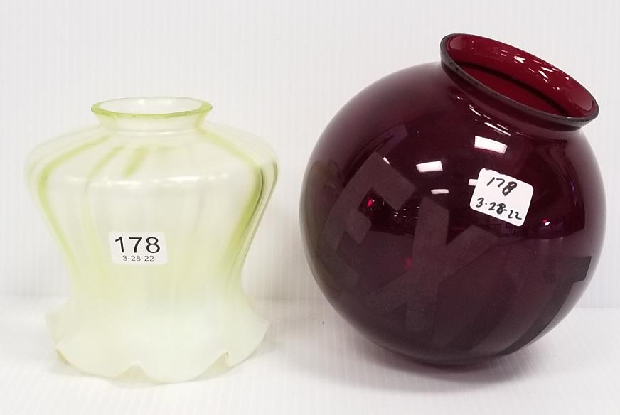 Red EXIT globe 6 1/2" tall with 3" fitter & unsigned 5" tall art glass shade with ruffled rim (1 of 9)