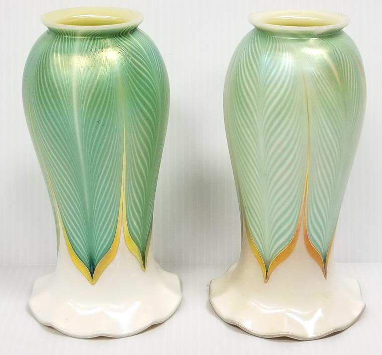 2 large Quezal signed pulled feather art glass shades - 7" tall (fitter chips) (1 of 9)