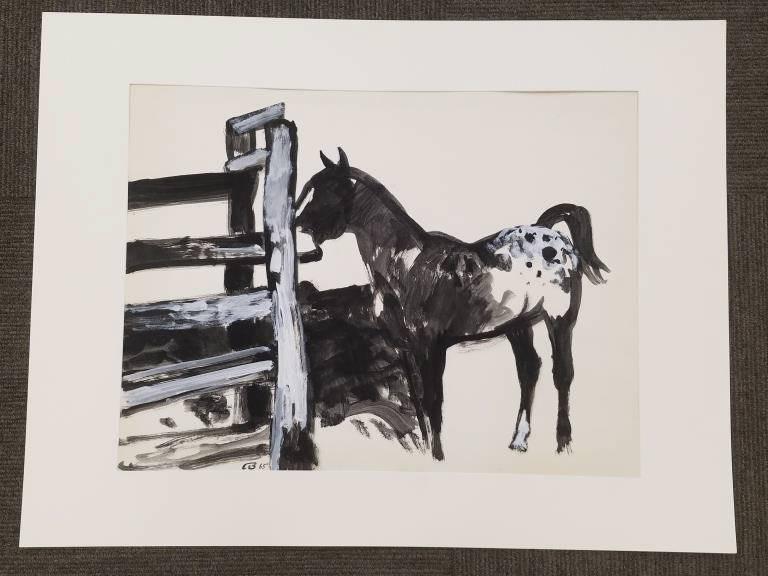 Cameron Booth black & white tempera painting on paper - signed on front & verso - 1965 - "Appaloosa (1 of 9)