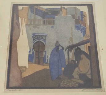 Norbertine Bresslern-Roth pencil signed & titled color linocut - 1928- "The Blue House - Tripolis" 8: Norbertine Bresslern-Roth pencil signed & titled color linocut - 1928- "The Blue House - Tripolis" 8 1/2" x 9 3/4" image