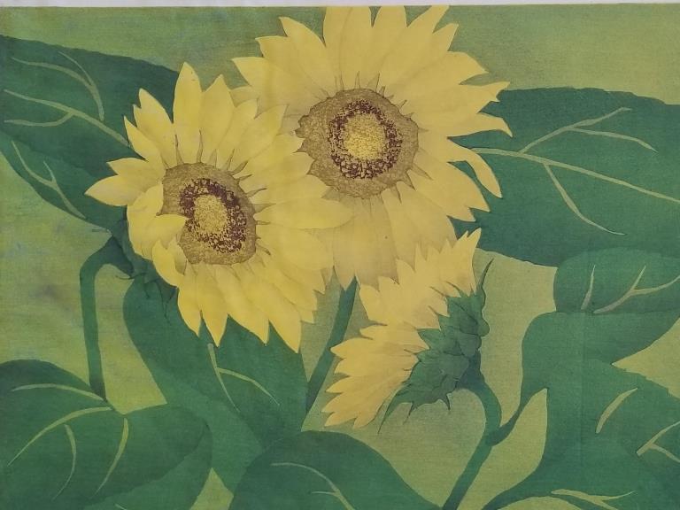 Luigi Rist signed unframed color woodcut "Sunflowers 200" 15 3/4" x 11 3/4" image (1 of 18)