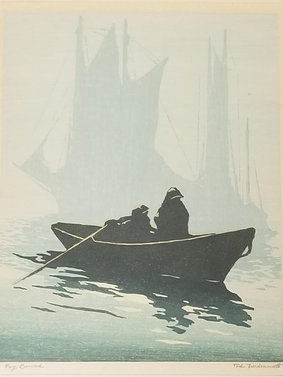 Tod Lindenmuth pencil signed framed woodblock "Fog Bound" 11" x 14" image; 20 1/4" x 25" O.D. (1 of 9)