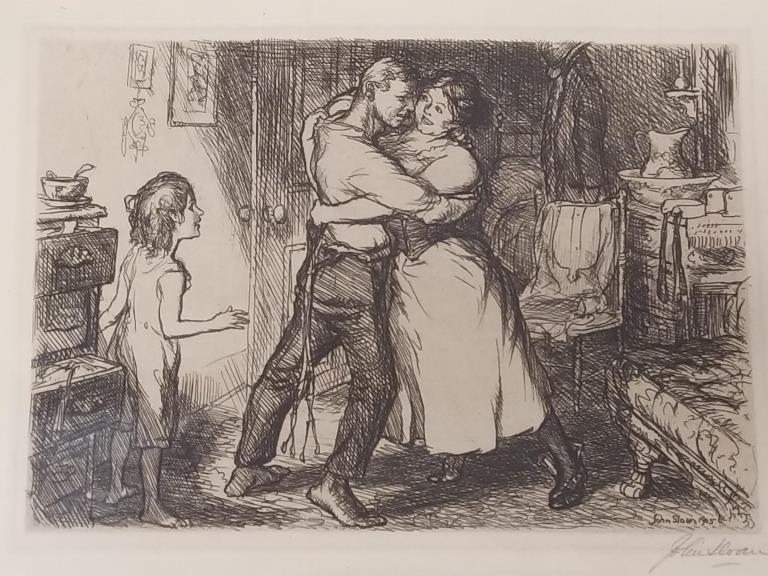John Sloan pencil signed framed etching on paper "Man, Wife & Child" 1905 - 4 12" x 6 1/2" image; 12 (1 of 9)