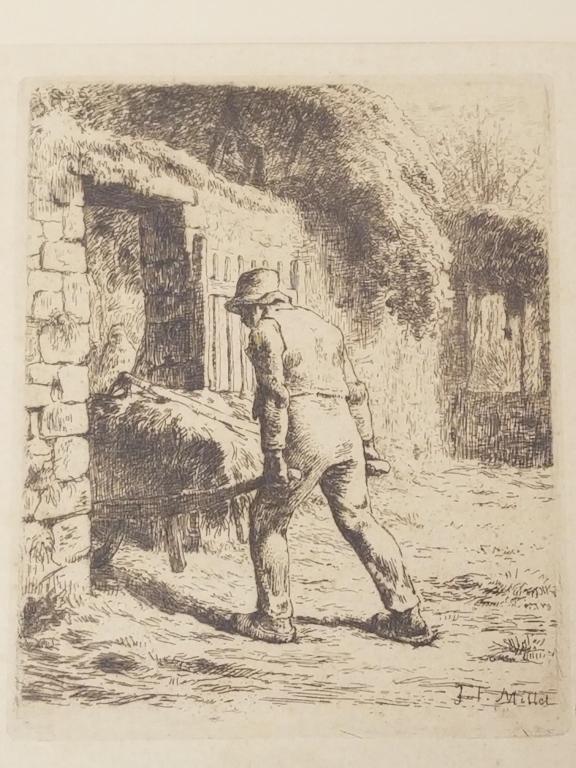 J.F. Millet etching "Le Paysan rentrant du fumier" (Man with a Wheelbarrow" 5" x 6 1/4" image; 11 (1 of 9)