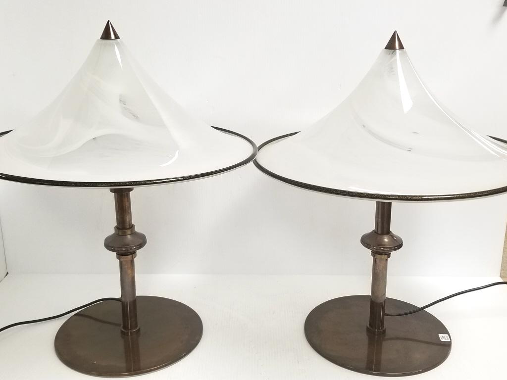 Pair post-modern bronze lamp bases w/ Murano glass shades 25"T x 20 1/4" diam. (1 of 8)