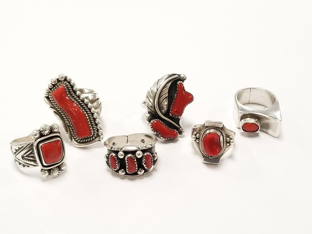6 Southwest sterling silver rings set with coral signed "Montoya", etc. sizes 6 1/2 to 9. (1 of 20)