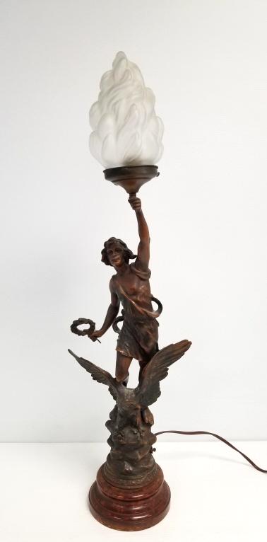 Antique Victorian newel post lamp with shade - man with eagle 34" tall (1 of 12)