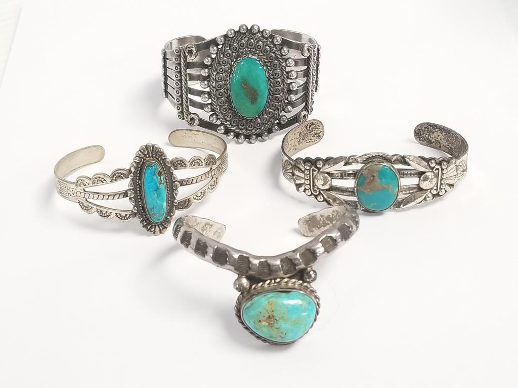 4 Southwest sterling silver & turquoise cuffs stamped designs including Bell Trading -smallest 1 (1 of 20)