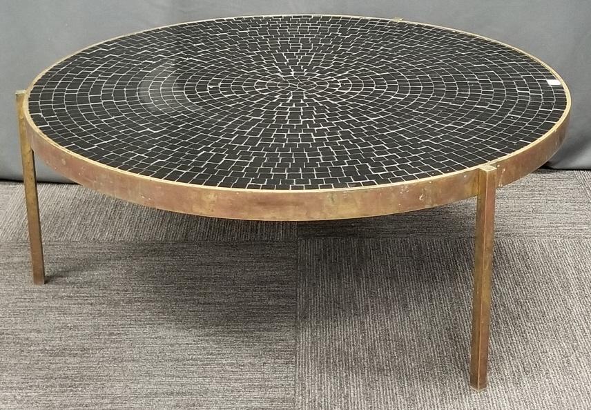 Mid-century modern round tile top coffee table with brass legs 36 1/2" diameter x 14 1/2" tall (1 of 13)