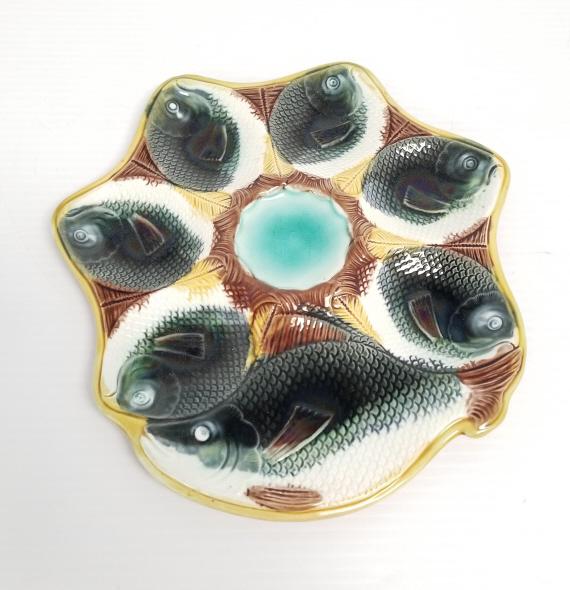 Antique Adams & Bromley majolica fish oyster plate with turquoise center well - 10 1/2" diameter (1 of 7)
