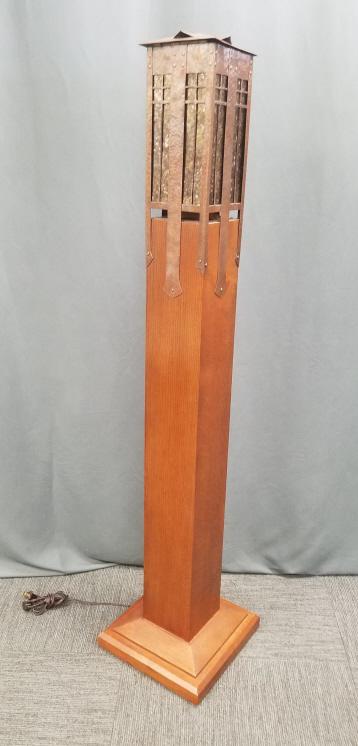 Contemporary Stickley hammered copper newel post light on quartersawn stand 61" tall (1 of 8)