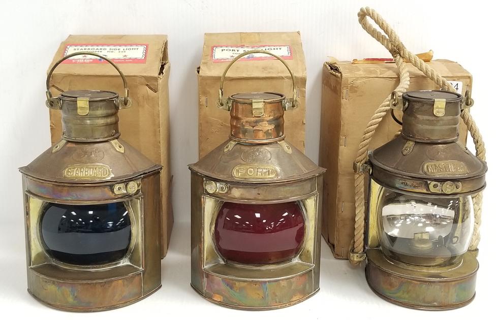 3 - James Bliss & Co. ships lights - Starboard side light, Port side light & Masthead light in boxes (1 of 20)