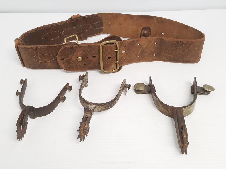 3 single antique western spurs & leather belt - approx. 39" overall length (1 of 15)