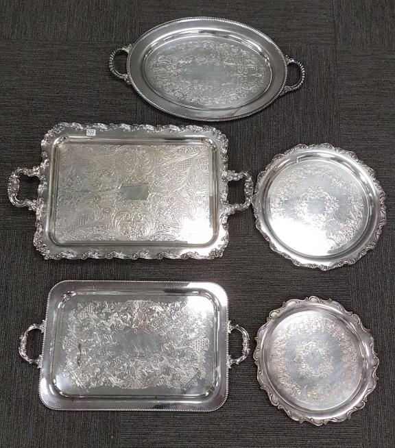 5 antique, etc. ornate serving trays including silver on copper, silver plate, etc. 26" x 16" (1 of 9)