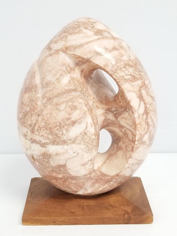 Stone sculpture signed "R" on wooden base - 10 1/2" x 7" with tag - Mitchell, SD: Stone sculpture signed "R" on wooden base - 10 1/2" x 7" with tag - Mitchell, SD