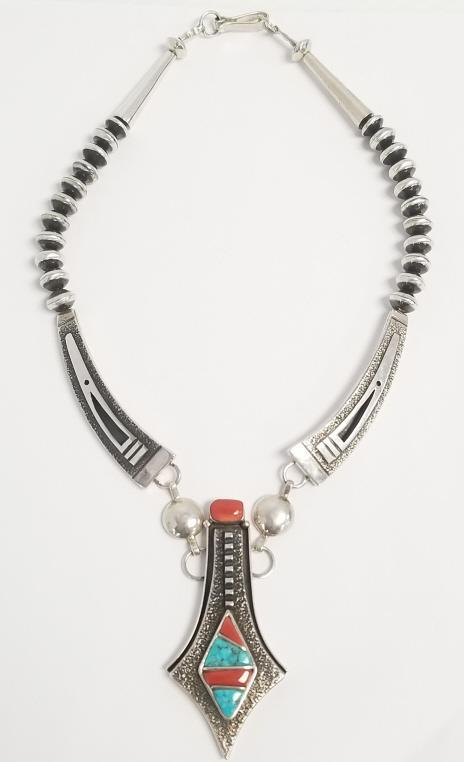 Signed J.T. sterling silver pendant necklace set with turquoise & coral- 20"L, 3" pendant, 93 grams (1 of 10)