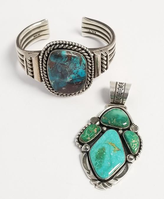 2 signed J. Dale jewelry pieces- turquoise & sterling cuff 2 1/8" int. diam. 7/8" gap & turquoise & (1 of 14)