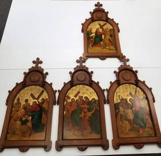 4 oak stations of the cross religious artworks on tin with church picture 41" long x 22" wide x 1": 4 oak stations of the cross religious artworks on tin with church picture 41" long x 22" wide x 1" thick