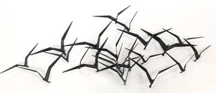 Jere' signed metal "Birds in Flight" sculpture 56" long x 21" high x 3" deep: Jere' signed metal "Birds in Flight" sculpture 56" long x 21" high x 3" deep