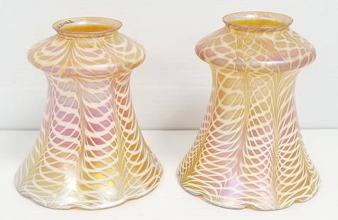 2 matching Quezal signed "Fishnet" art glass shades - approx. 5 1/4" tall: 2 matching Quezal signed "Fishnet" art glass shades - approx. 5 1/4" tall