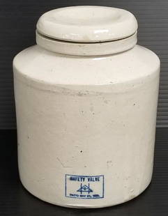 Red Wing bottom signed storage jar with cover & safety valve marking - 6 3/4" tall: Red Wing bottom signed storage jar with cover & safety valve marking - 6 3/4" tall (minor roughness to a few spots along rim- factory?)