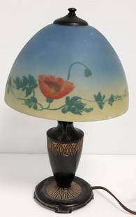 Moe Bridges signed boudoir lamp with reverse painted shade - 11 1/2" tall x 8" diameter shade: Moe Bridges signed boudoir lamp with reverse painted shade - 11 1/2" tall x 8" diameter shade