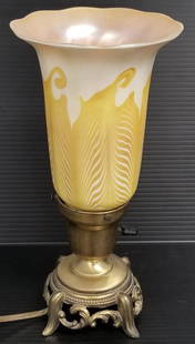 Quezal signed King Tut art glass shade 6" tall on metal lamp base: Quezal signed King Tut art glass shade 6" tall on metal lamp base