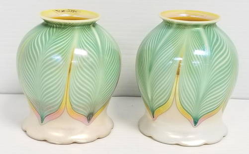 2 Quezal signed matching art glass shades with aurene interior - approx. 4 1/4" tall: 2 Quezal signed matching art glass shades with aurene interior - approx. 4 1/4" tall