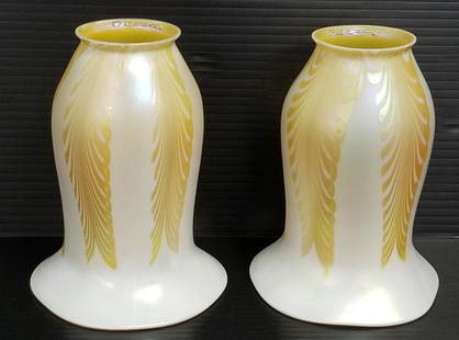 2 Quezal signed matching art glass shades with aurene interior - approx. 6" tall: 2 Quezal signed matching art glass shades with aurene interior - approx. 6" tall