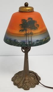 R.B. Co. signed metal boudoir lamp with reverse painted shade with trees - 14 1/2" tall: R.B. Co. signed metal boudoir lamp with reverse painted shade with trees - 14 1/2" tall