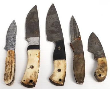 5 knives with Damascus blades & bone handles - 9" longest (as seen-rust, etc.): 5 knives with Damascus blades & bone handles - 9" longest (as seen-rust, etc.)