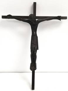 Jean Lambert Rucki signed bronze "Corpus Christi" mounted on wood cross 15 3/4" x 11 1/2" O.D.: Jean Lambert Rucki signed bronze "Corpus Christi" mounted on wood cross 15 3/4" x 11 1/2" O.D.