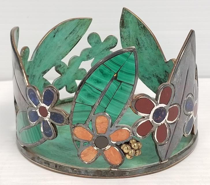 Emilia Castillo signed stone inlaid silver plated wine coaster with flower blossoms 3 1/8" high x 5": Emilia Castillo signed stone inlaid silver plated wine coaster with flower blossoms 3 1/8" high x 5" diameter