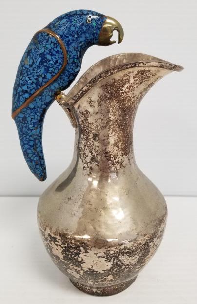 Emilia Castillo(?) silver plated pitcher with bird design handle - signed "Mexico" 7 1/2" tall (1 of 13)