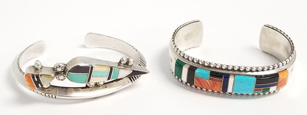 2 Southwest sterling silver inlaid cuff bracelets 65 grams total - both 2 1/8" interior diameter;: 2 Southwest sterling silver inlaid cuff bracelets 65 grams total - both 2 1/8" interior diameter; smaller 3/4" gap